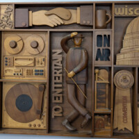 Television tower<br>
"Stand by"<br>
WBA public relations, dependability, integrity<br>
Coffee break<br>
Wisconsin Capitol dome: Symbol of legislation<br>
Tape deck<br>
Soft Shoe: Symbol of entertainment<br>
"On Air"<br>
Turntable<br>
Printer's chase for publications<br>
Agricultural journalism<br>
Conventions and conferences<br>
National Association of Broadcasters Radio Code<br>
Entertainment reporting