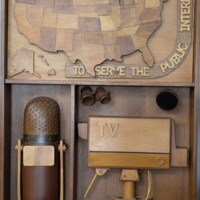 WBA logo, founders' date<br>
National influence of NAB and its first principle<br>
Radio microphone<br>
Television camera